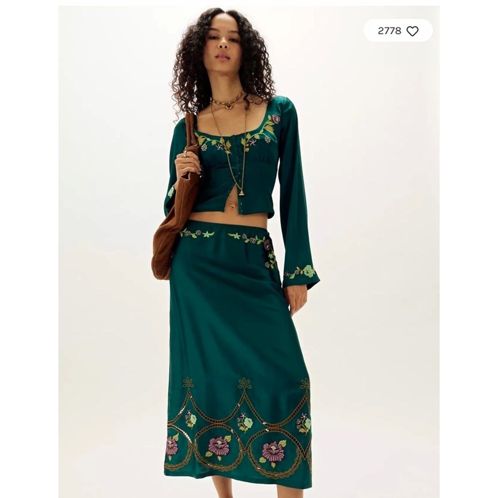 NWT Free People Autumn Bloom Midi Skirt Set Green Embroidered Size S Boho $228